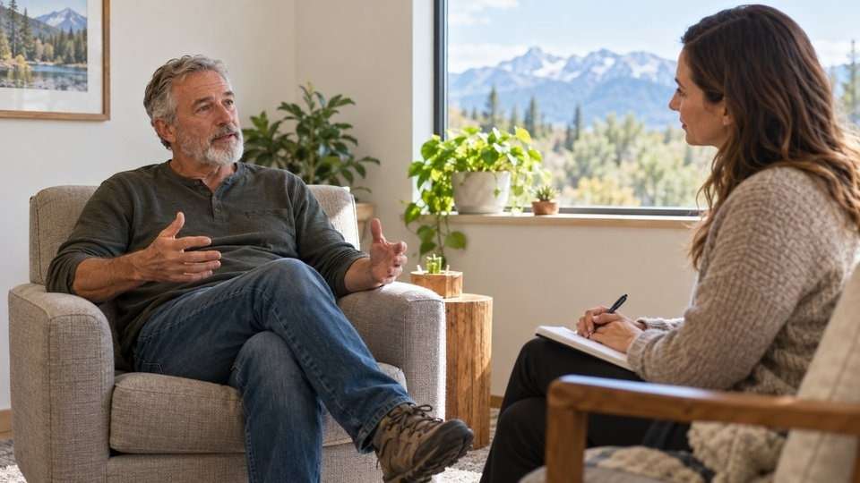 Older man talking with a counselor about treatment for his type of depression.