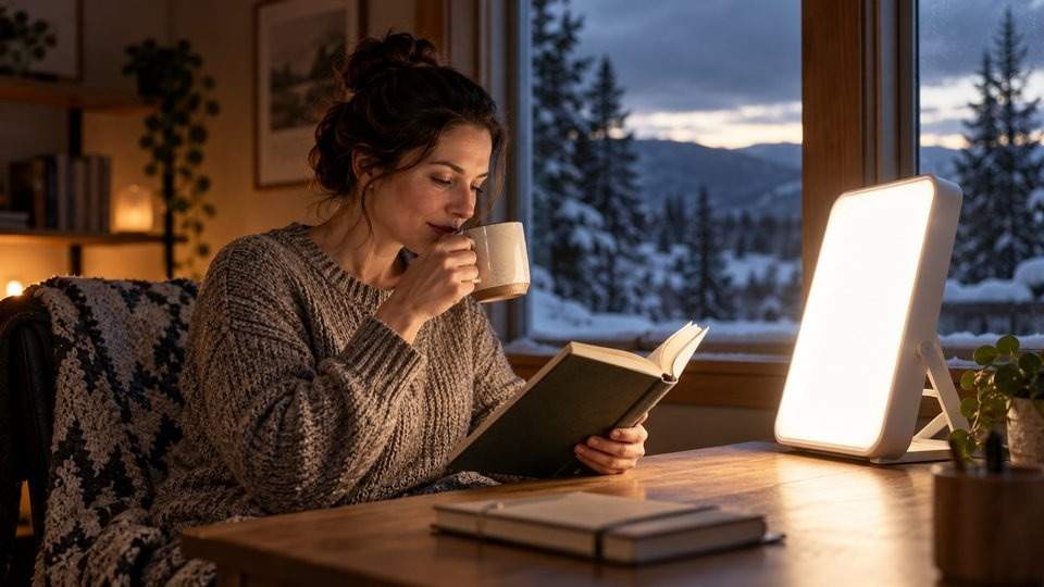 Woman using a light box on a snowy morning to ease a seasonal type of depression.